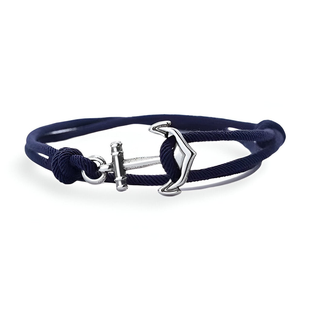 Bracelet cordon bleu marine avec ancre marine en métal argenté pour homme.