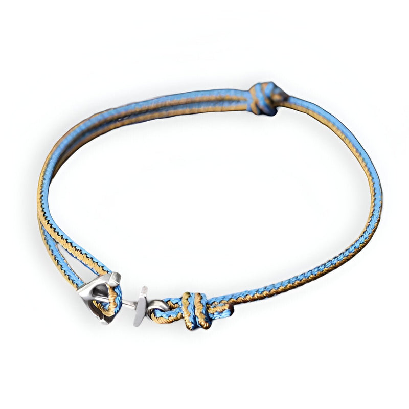 Bracelet cordon coulissant bleu clair avec ancre marine en métal argenté pour homme.