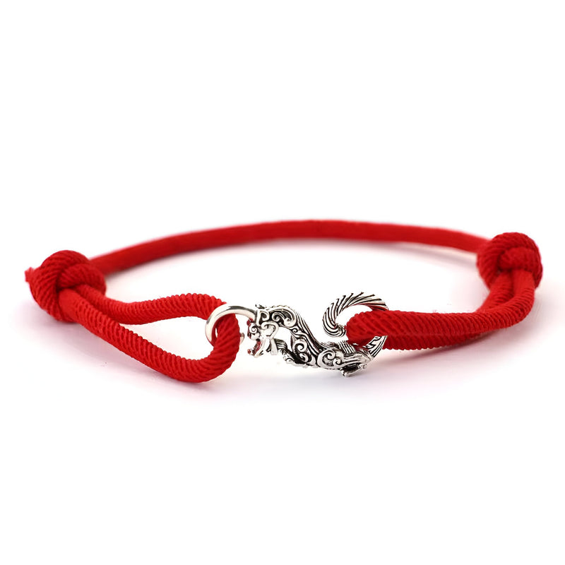 Bracelet cordon rouge coulissant avec pendentif dragon en métal argenté pour homme.