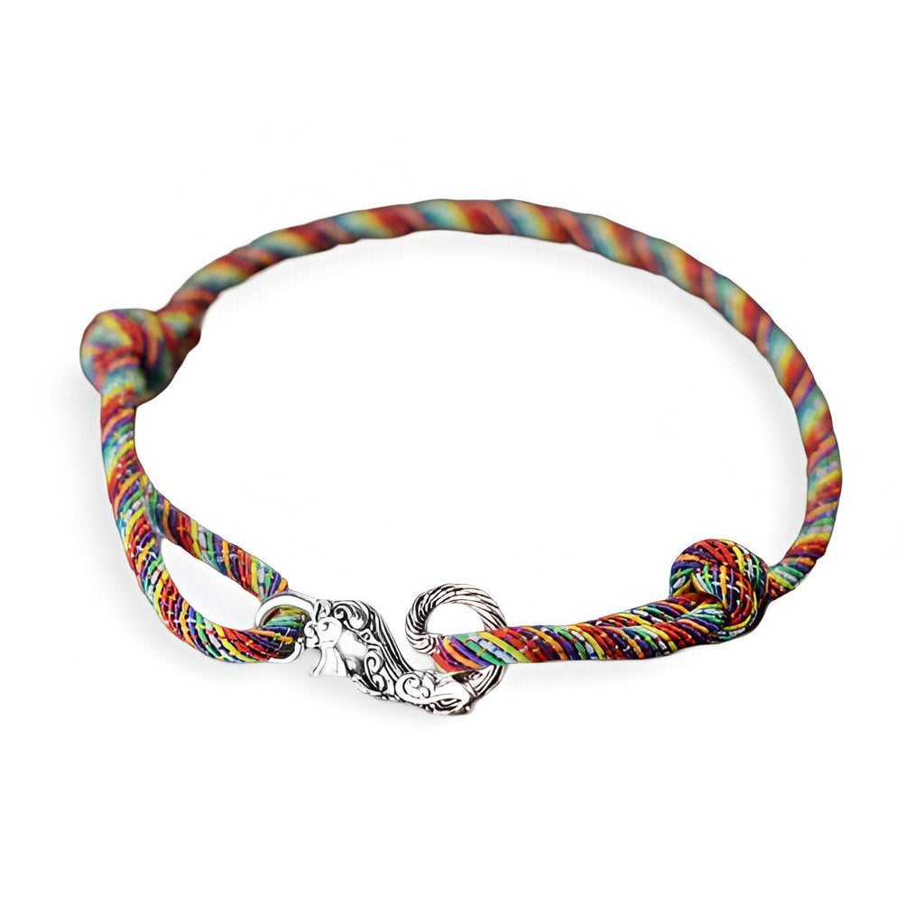 Bracelet cordon multicolore avec fermoir en forme de dragon argenté, modèle Elio pour homme.