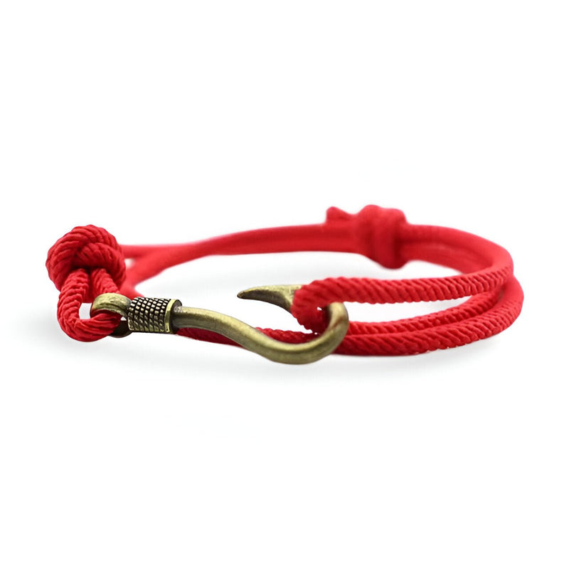 Bracelet cordon rouge coulissant avec hameçon en métal doré, pour homme.