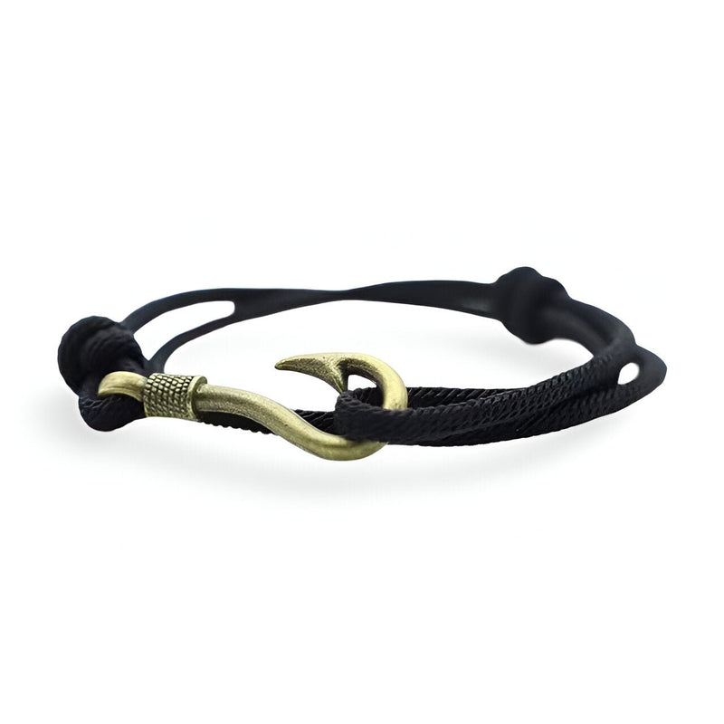 Bracelet homme cordon noir avec hameçon métal doré coulissant.