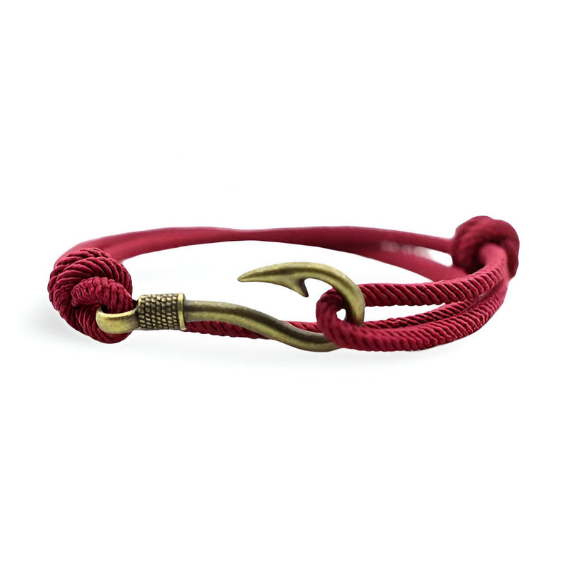 Bracelet cordon rouge avec hameçon en métal doré, style coulissant pour homme.