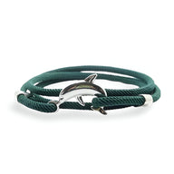 Bracelet cordon vert avec pendentif dauphin argenté pour homme.