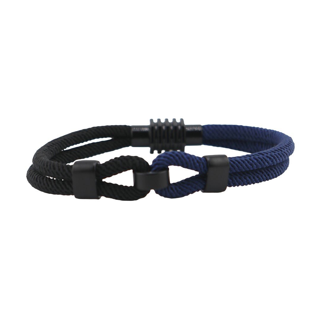 Bracelet cordon double bi-colore noir et bleu à nœud avec fermoir noir pour homme.