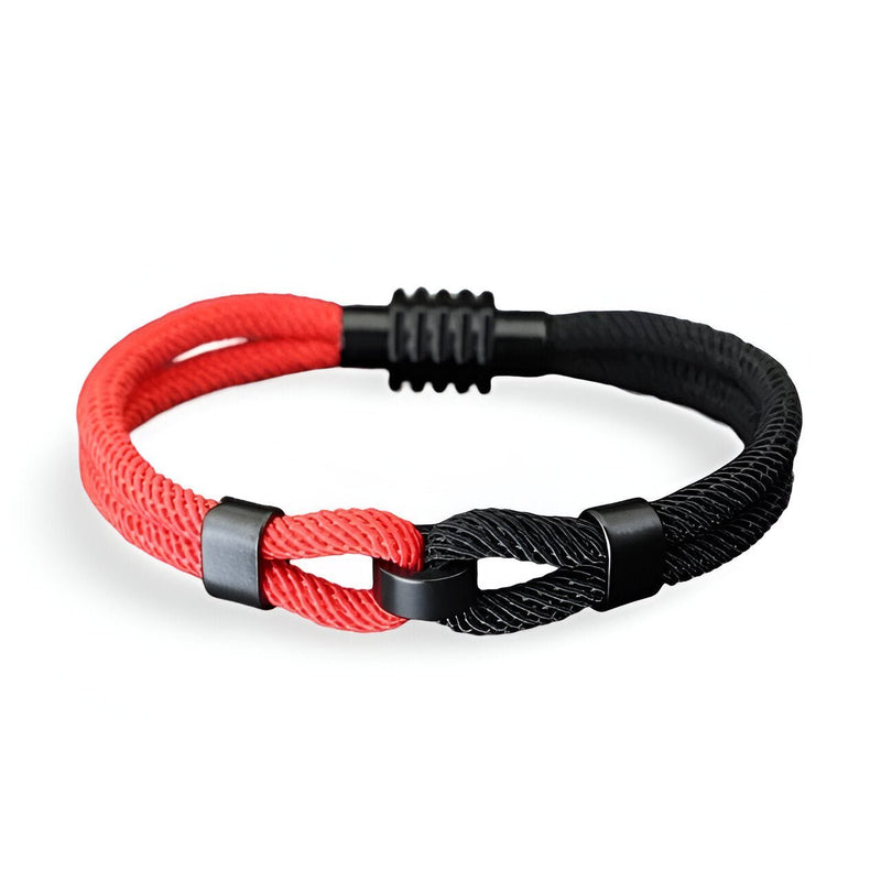 Bracelet cordon double à nœud bicolore rouge et noir pour homme avec fermoir noir métallique.