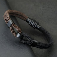 Bracelet cordon double marron et noir avec nœud et fermoir métallique noir mate.