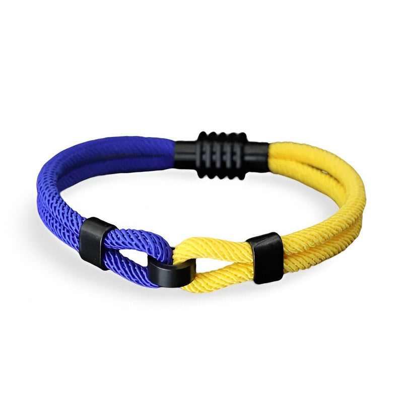 Bracelet cordon double bleu et jaune à nœud avec fermoir noir pour homme.
