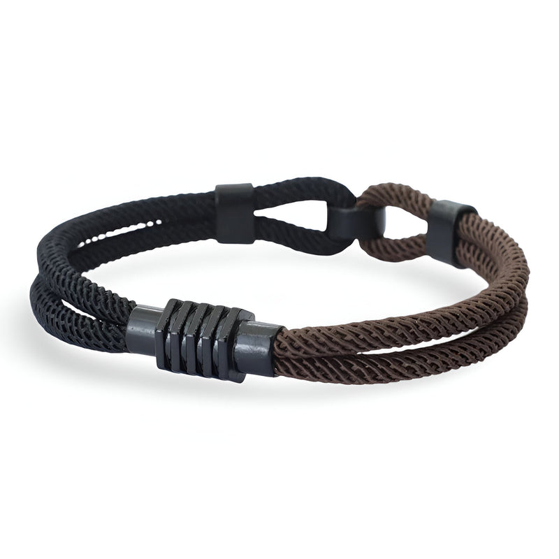 Bracelet cordon double bi-colore noir et marron avec nœud et fermoir métallique anthracite.