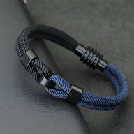 Bracelet cordon double bicolore bleu et noir à nœud coulissant, fermoir noir mat, modèle Germain pour homme.
