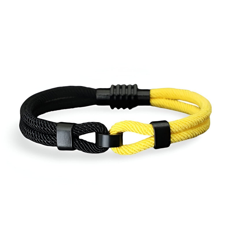 Bracelet cordon double à nœud bicolore noir et jaune pour homme, design moderne et ajustable.