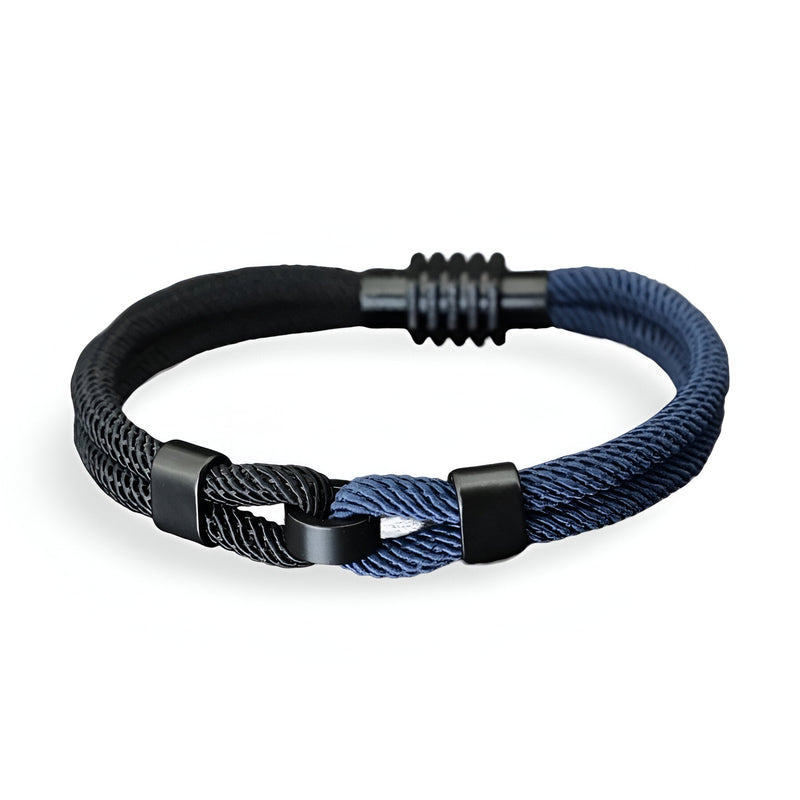 Bracelet cordon double bi-colore bleu et noir avec nœud et fermoir noir mat pour homme.