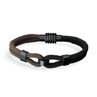 Bracelet cordon double bi-colore marron et noir avec nœud et fermoir noir mat.