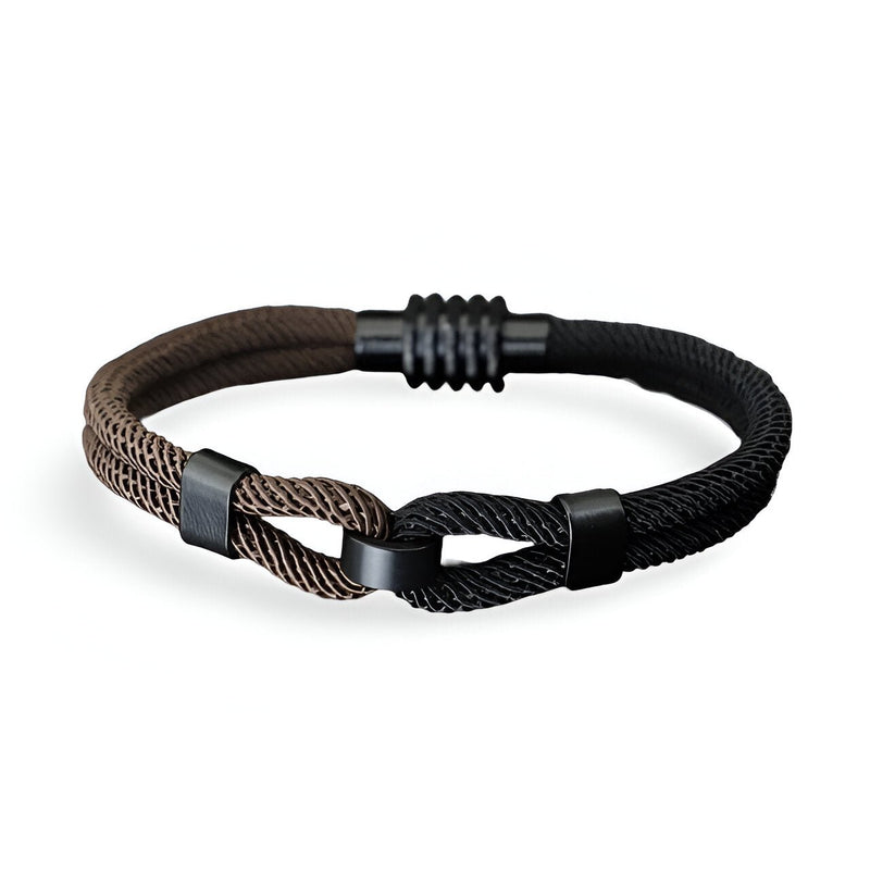Bracelet cordon double bi-colore marron et noir avec nœud et fermoir noir mat.