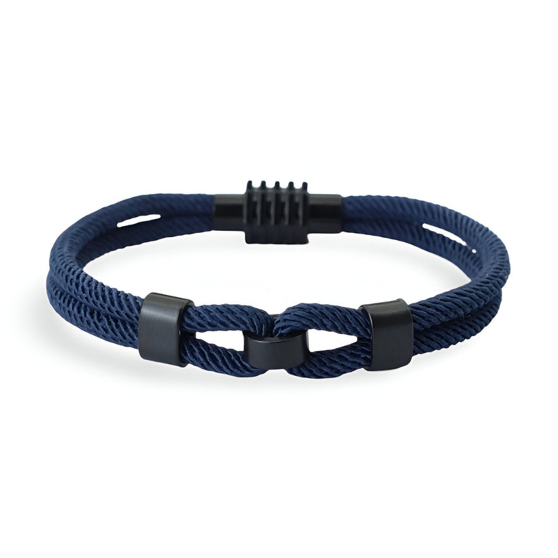 Bracelet cordon double bleu à nœud coulissant avec fermoir noir mat pour homme.