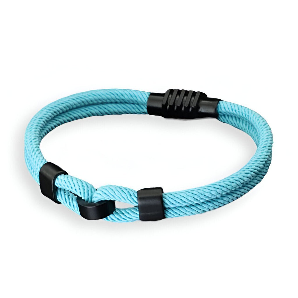 Bracelet cordon double bleu turquoise à nœud avec fermoir noir pour homme.