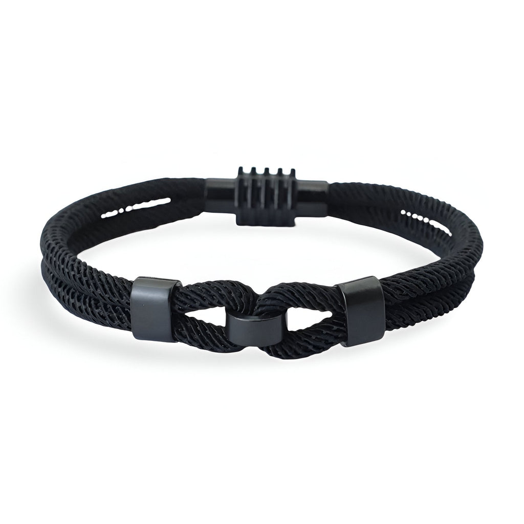Bracelet cordon double noir à nœud pour homme avec fermoir magnétique noir mat.