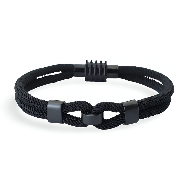 Bracelet cordon double noir à nœud pour homme avec fermoir magnétique noir mat.