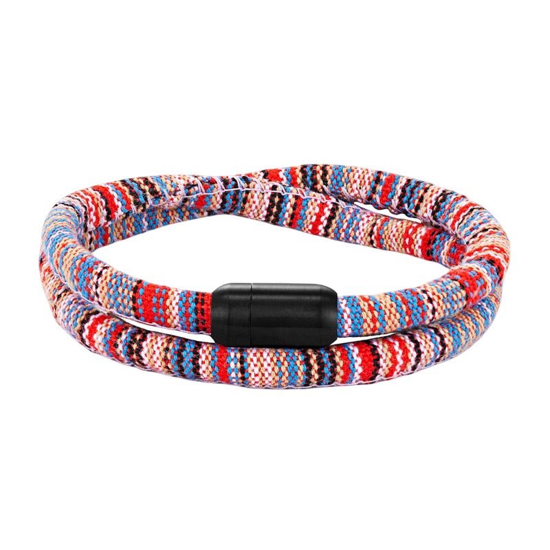Bracelet cordon double tressé multicolore rouge, bleu et blanc avec fermoir noir mat pour homme.