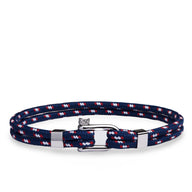 Bracelet cordon bleu double avec motifs blancs et rouges, mousqueton en acier inoxydable brillant, style masculin.
