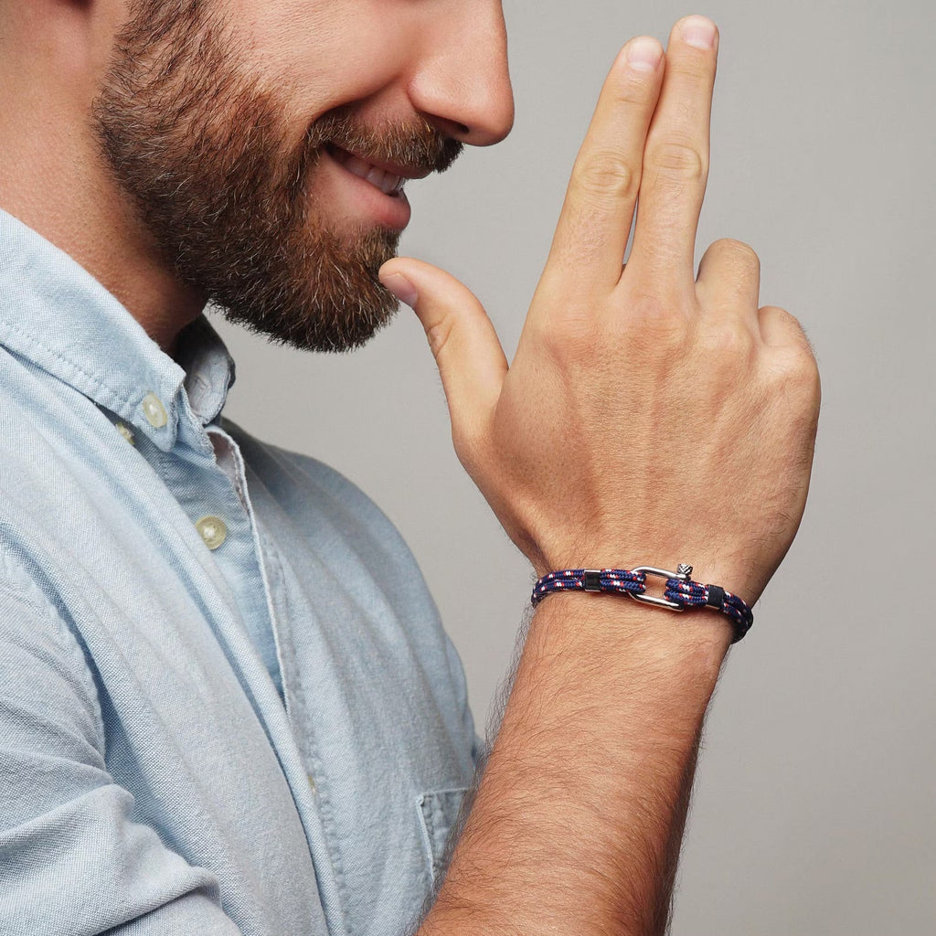 Bracelet cordon bleu double avec mousqueton acier inoxydable, style homme Felipe, 21 cm.
