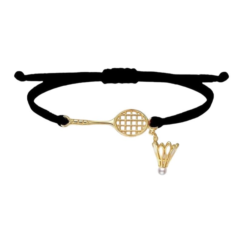 Bracelet cordon noir avec pendentif en acier inoxydable forme raquette et volant de badminton doré.