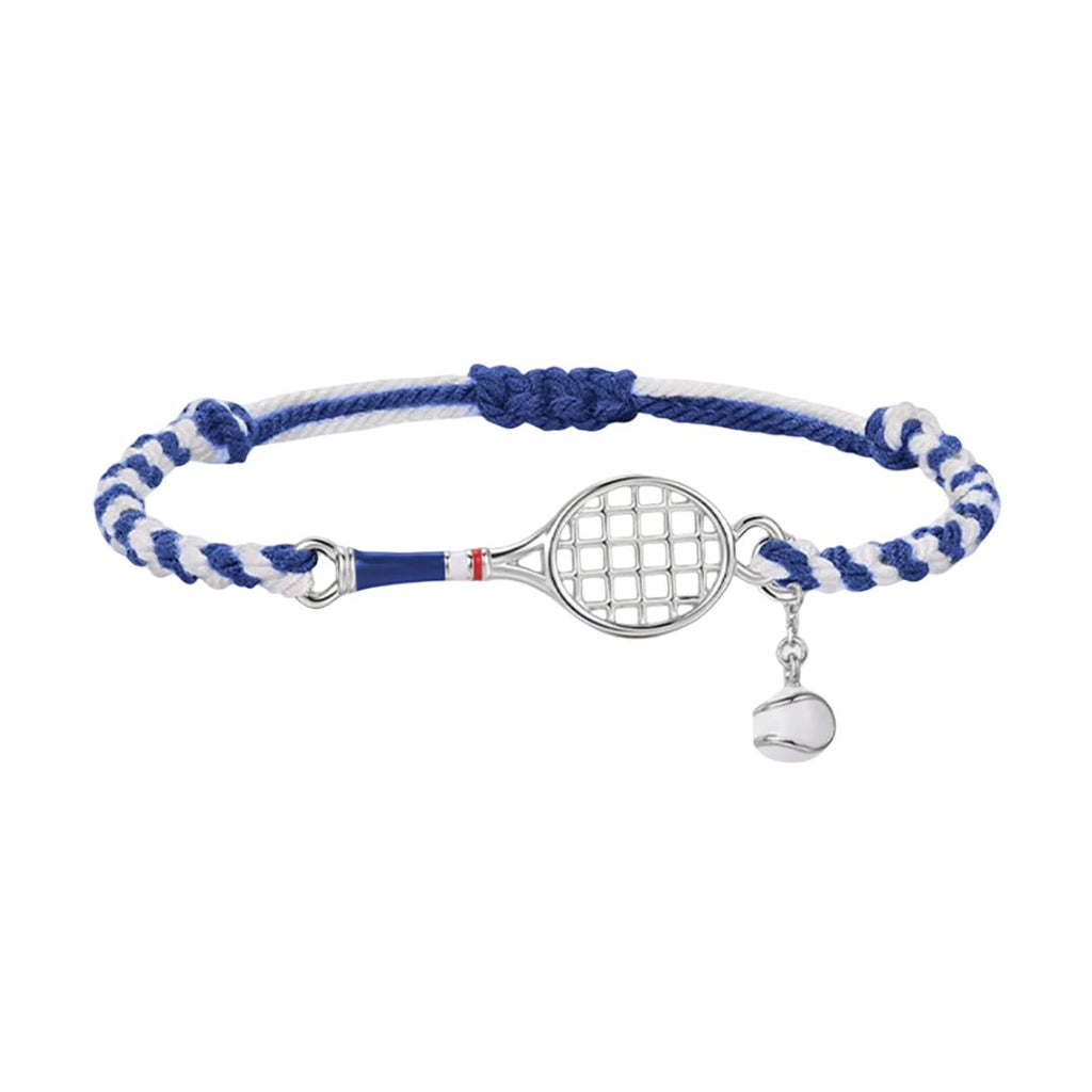 Bracelet cordon bleu et blanc avec pendentif raquette de tennis en acier inoxydable et petit charme balle de tennis.