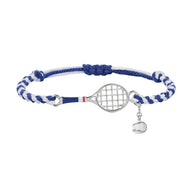Bracelet cordon bleu et blanc avec pendentif raquette de tennis en acier inoxydable et petit charme balle de tennis.