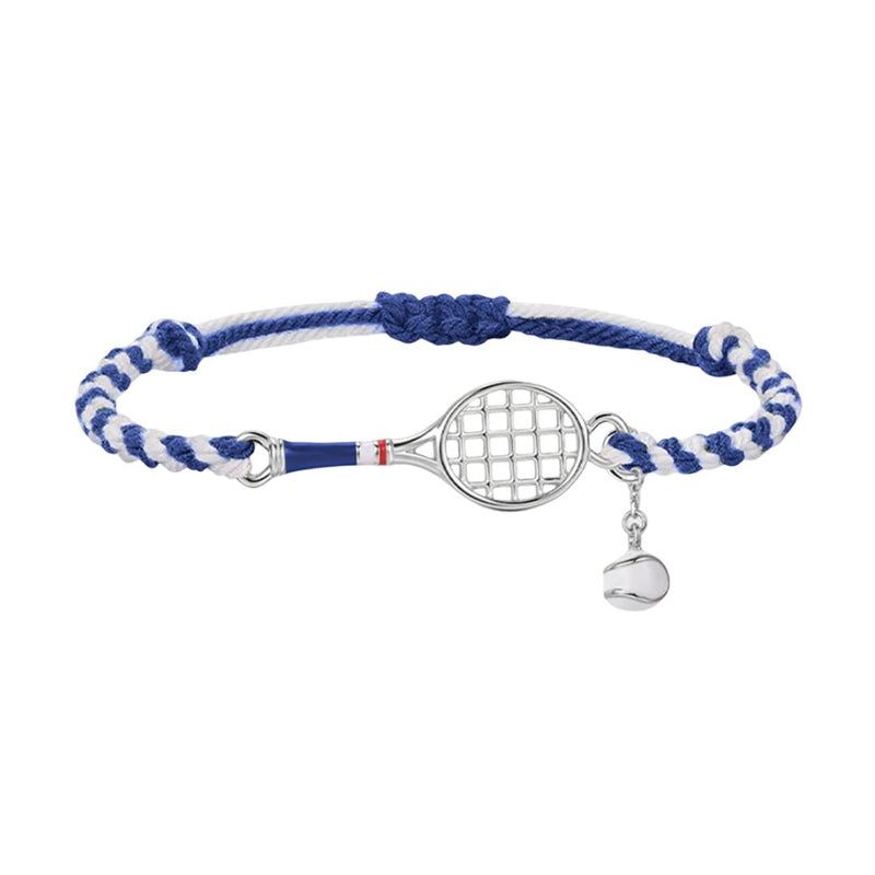 Bracelet cordon bleu et blanc avec pendentif raquette de tennis en acier inoxydable et petit charme balle de tennis.