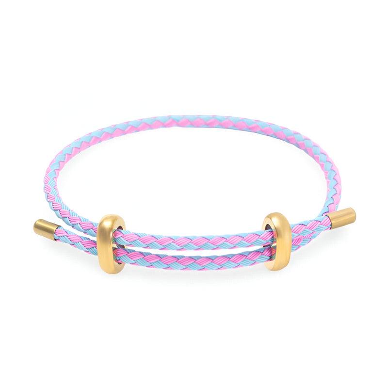 Bracelet cordon tressé rose et bleu clair avec fermoirs et anneaux dorés en acier inoxydable.