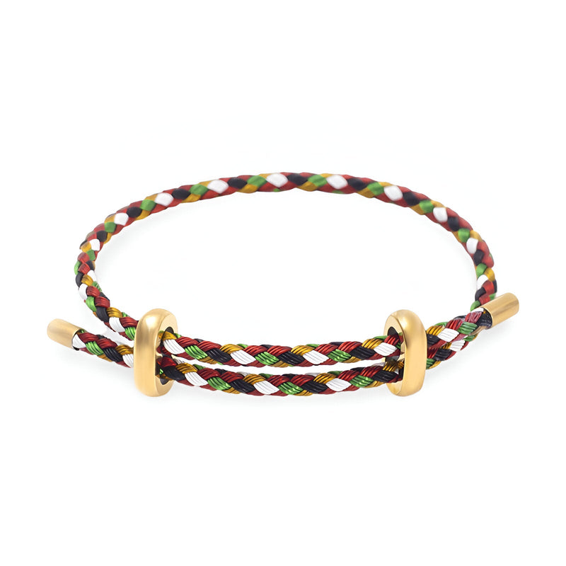 Bracelet cordon multicolore tressé avec détails métalliques dorés, style authentique.