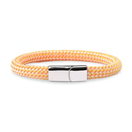 Bracelet en corde de bateau jaune et blanc avec fermoir en acier inoxydable poli.