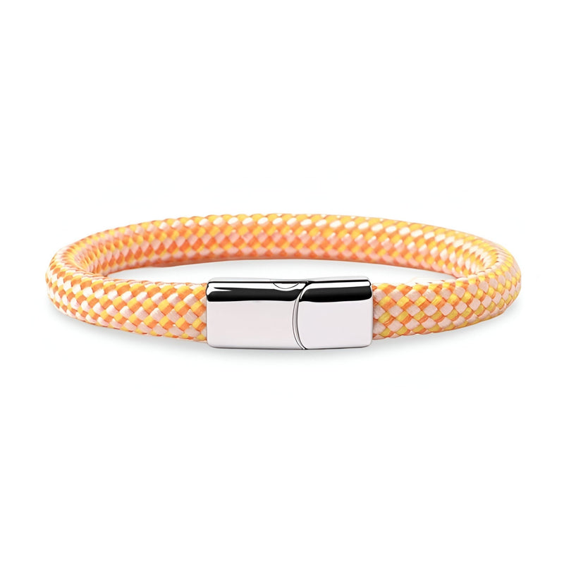 Bracelet en corde de bateau jaune et blanc avec fermoir en acier inoxydable poli.