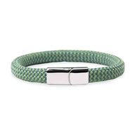 Bracelet cordon vert et bleu en corde de bateau avec fermoir en acier inoxydable poli.