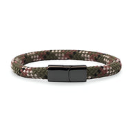 Bracelet cordon multicolore kaki et marron en corde de bateau avec fermoir en acier inoxydable noir brillant.