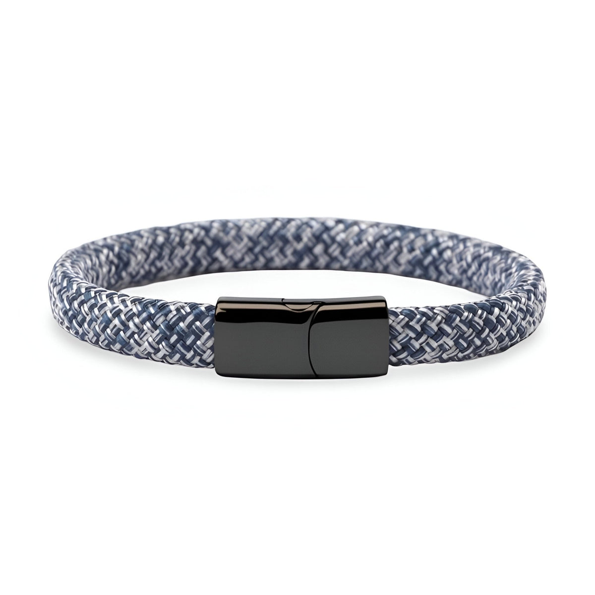 Bracelet cordon bleu en corde de bateau tressée avec fermoir magnétique en acier inoxydable noir brillant.
