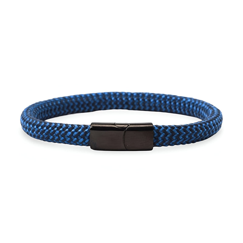 Bracelet cordon bleu en corde de bateau avec fermoir en acier inoxydable noir mat.