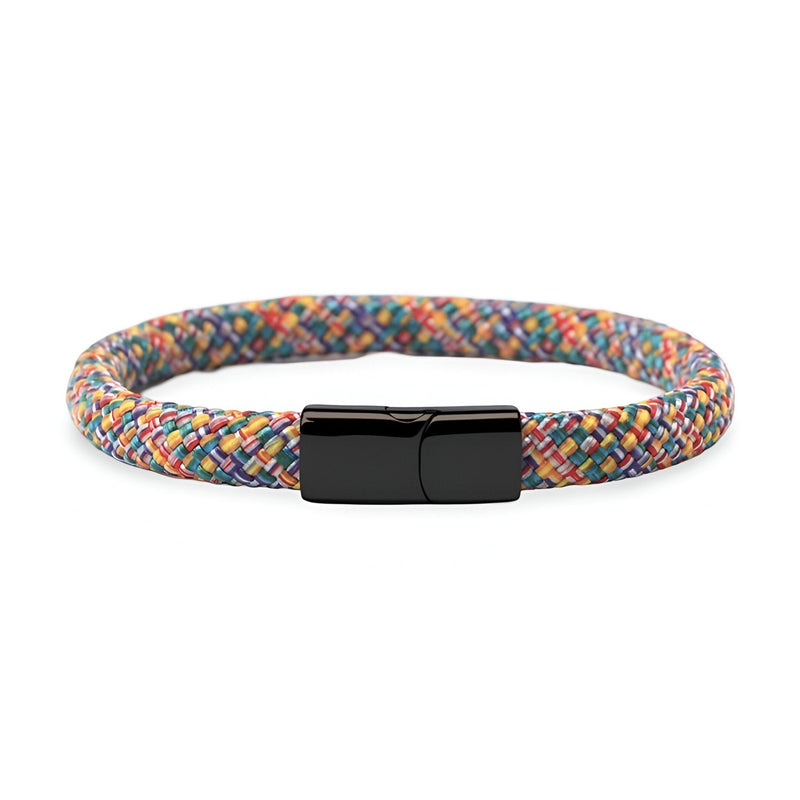 Bracelet cordon multicolore en corde de bateau avec fermoir en acier inoxydable noir mat.