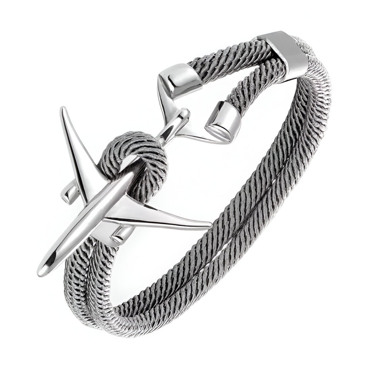 Bracelet cordon bleu torsadé avec avion en acier inoxydable poli et fermoir minimaliste.
