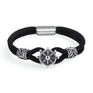 Bracelet cordon noir en coton avec gouvernail central en acier inoxydable et fermoir magnétique silver.