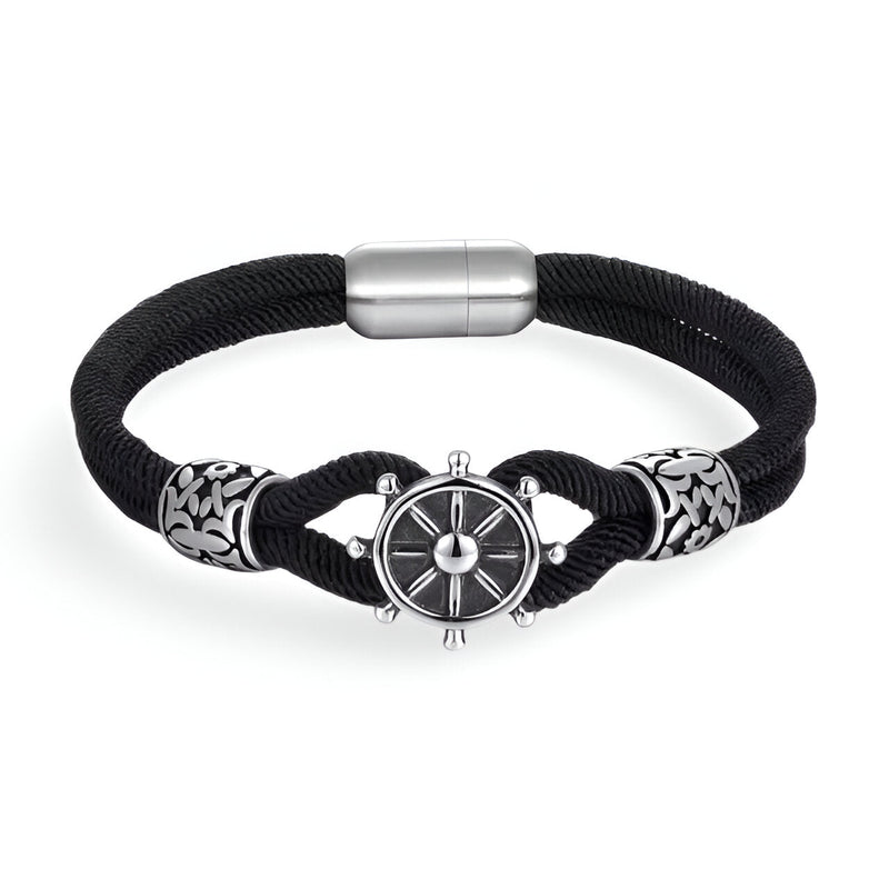 Bracelet cordon noir en coton avec gouvernail central en acier inoxydable et fermoir magnétique silver.