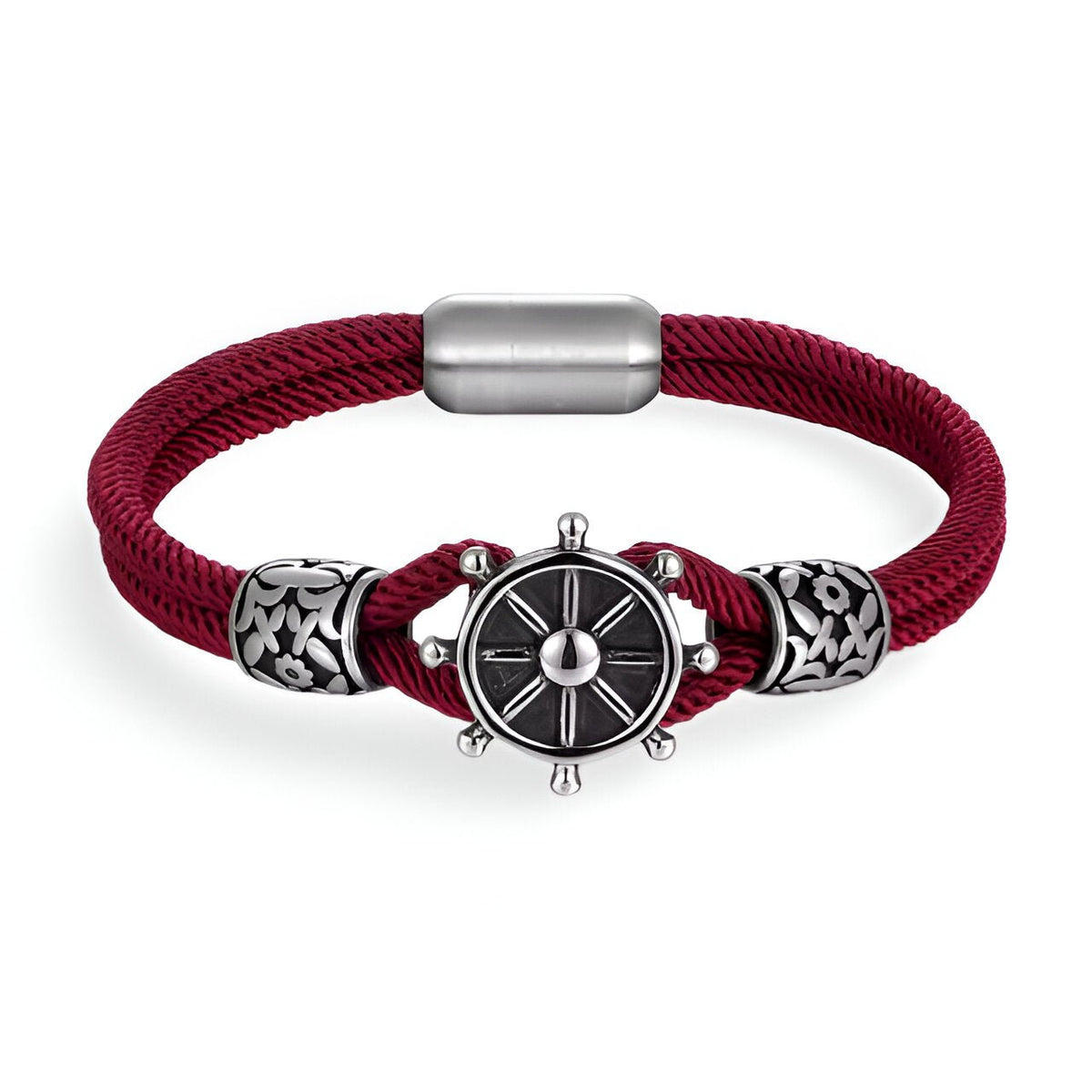 Bracelet cordon bordeaux avec gouvernail en acier inoxydable et fermoir magnétique gris.