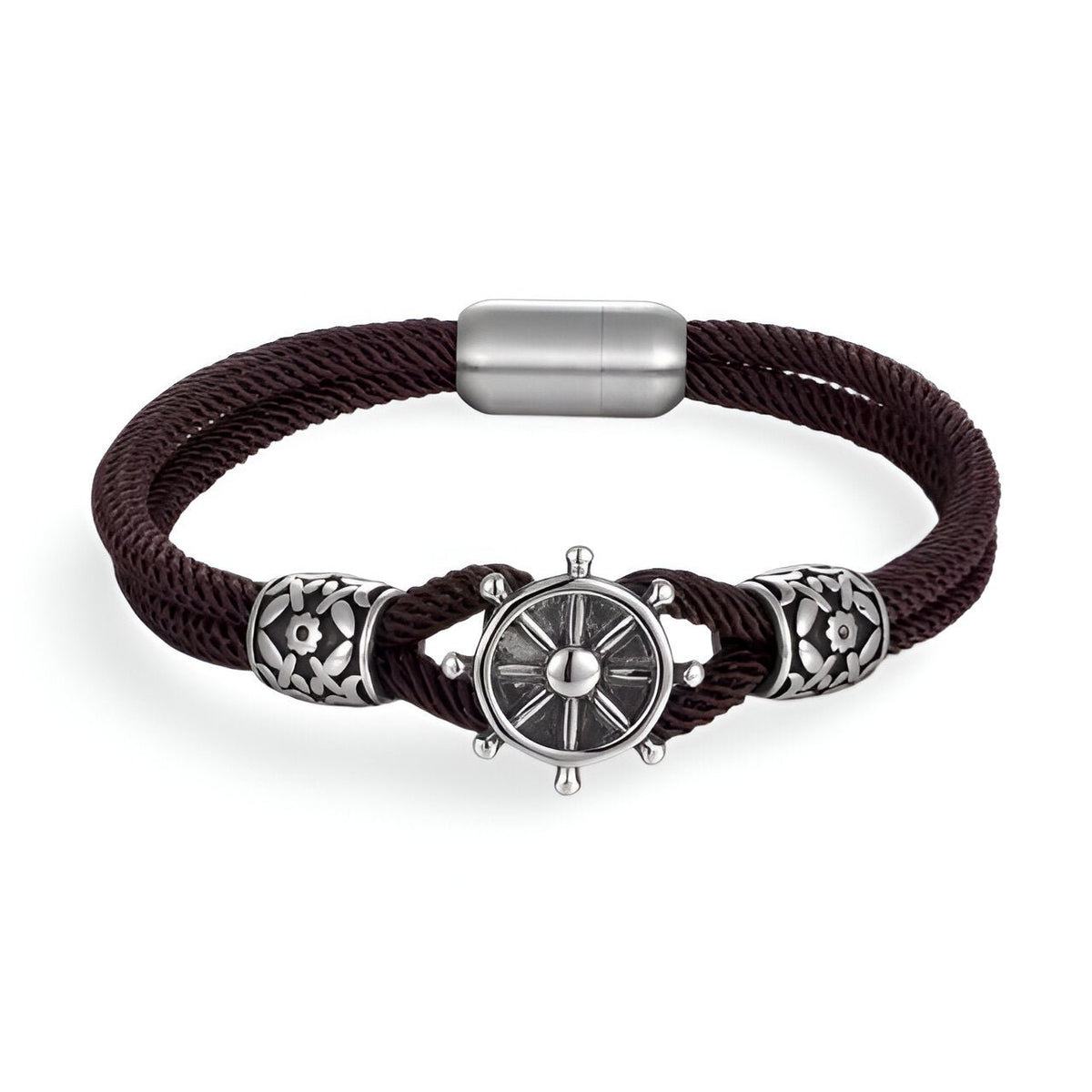 Bracelet cordon bordeaux en coton avec gouvernail et détails en acier inoxydable argenté.