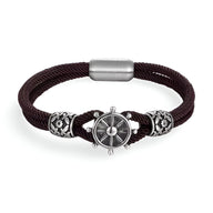 Bracelet cordon bordeaux en coton avec gouvernail et détails en acier inoxydable argenté.