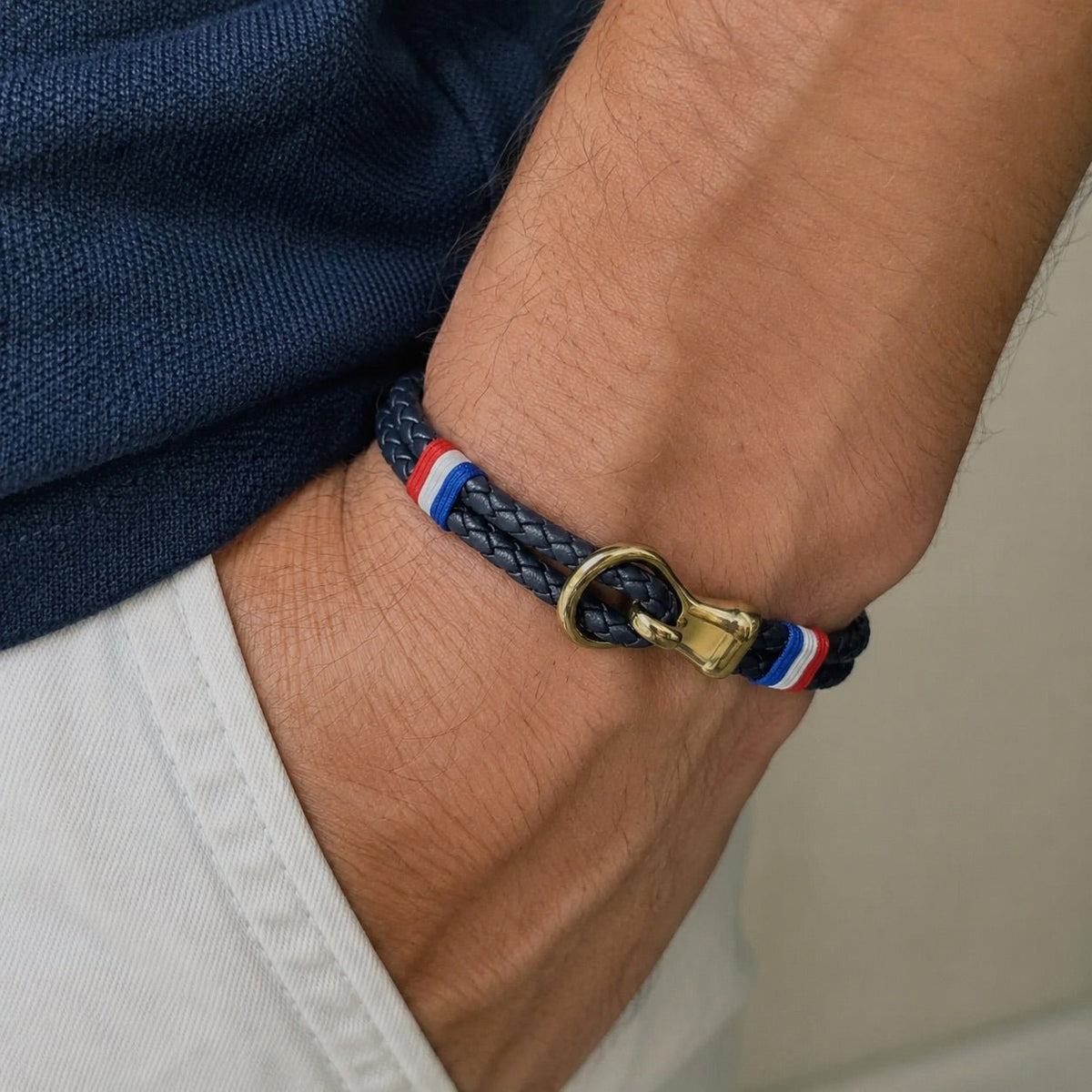 Double braided cord bracelet, stainless steel shackle clasp, French flag design, Oren model