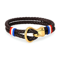 Bracelet cordon en cuir tressé marron avec boucle en acier inoxydable doré et détail drapeau français.