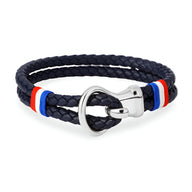Bracelet cordon cuir bleu marine tressé avec crochet acier inoxydable et drapeau français.