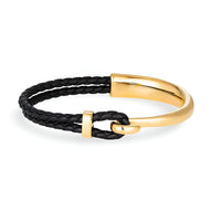 Bracelet homme avec cordon de cuir noir tressé et crochet en acier inox doré brillant.