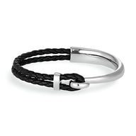 Bracelet homme cordon de cuir noir tressé avec crochet incurvé en acier inoxydable argenté.