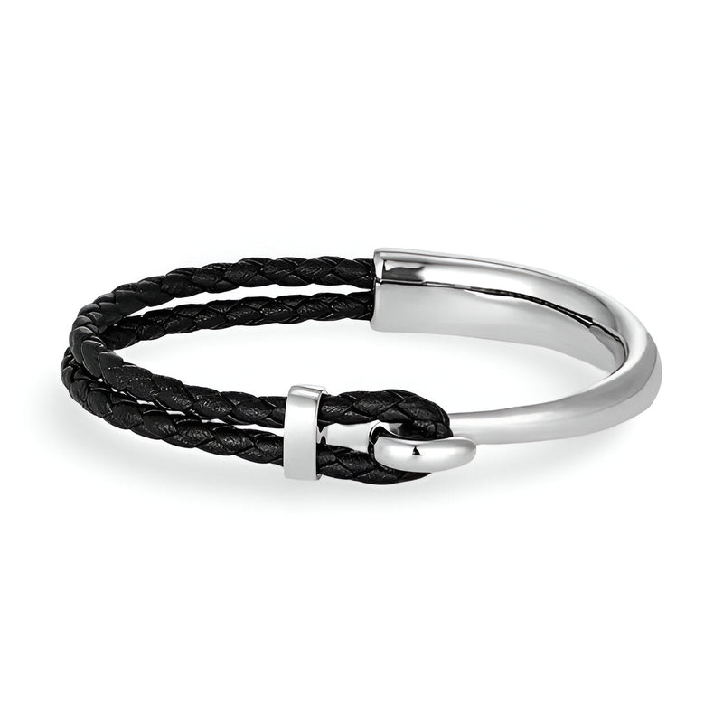 Bracelet homme cordon de cuir noir tressé avec crochet incurvé en acier inoxydable argenté.